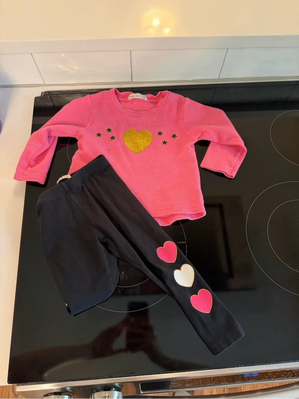 Little Mish Pink Top and Black Leggings Heart Set